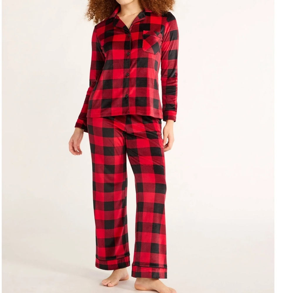 Joyspun Red and Black Velour Notch Collar Top Pants Pajama Set, 2-Piece, Size S